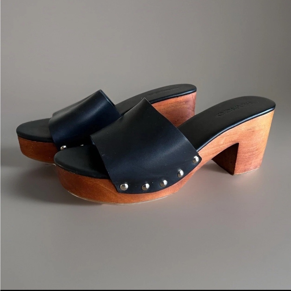 Mango Block Heel Shoes Black Leather Chunky Wood Studded Platform Women’s 7.5